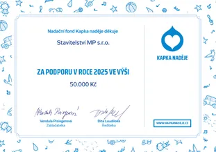 Poděkování Nadačního fondu Kapka naděje za podporu ve výši 50 000 Kč v roce 2025