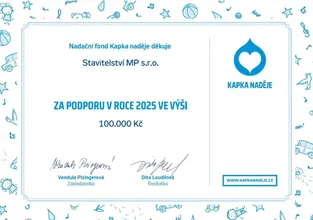 Poděkování Nadačního fondu Kapka naděje za podporu ve výši 100 000 Kč v roce 2025