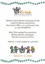 Poděkování Nadačního fondu dětské onkologie Krtek za finanční dar 35 000 Kč